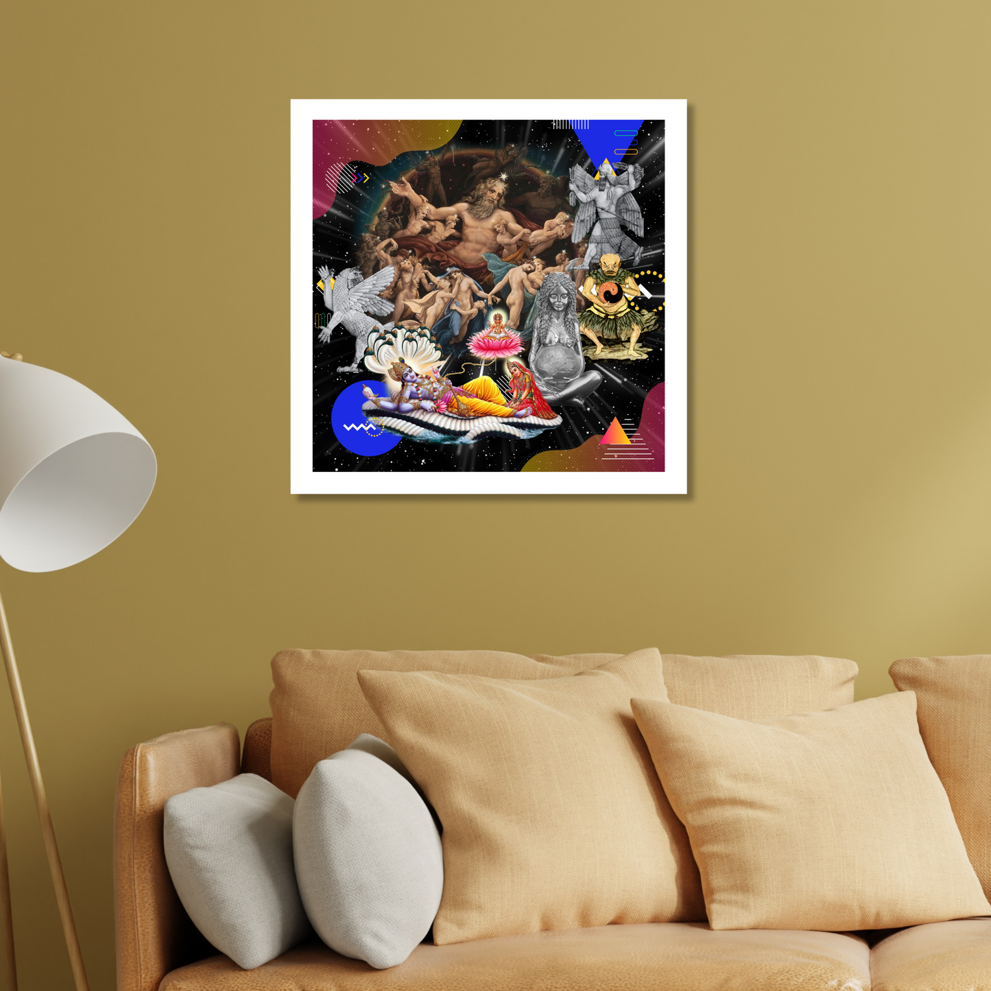 Creation Art Print displayed on a home wall featuring symbols of birth of universe and essence of creation.