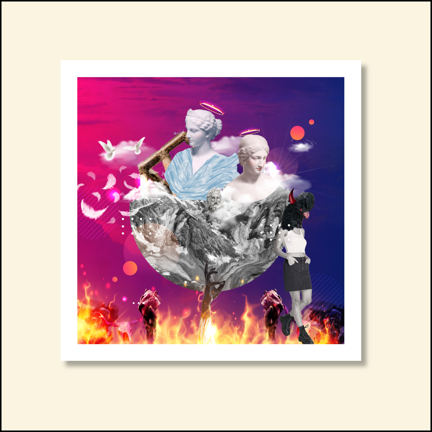 Heaven vs Hell Art Print digital artwork depicting the dramatic contrast between celestial and infernal realms, perfect for adding depth and intrigue to home or office decor.