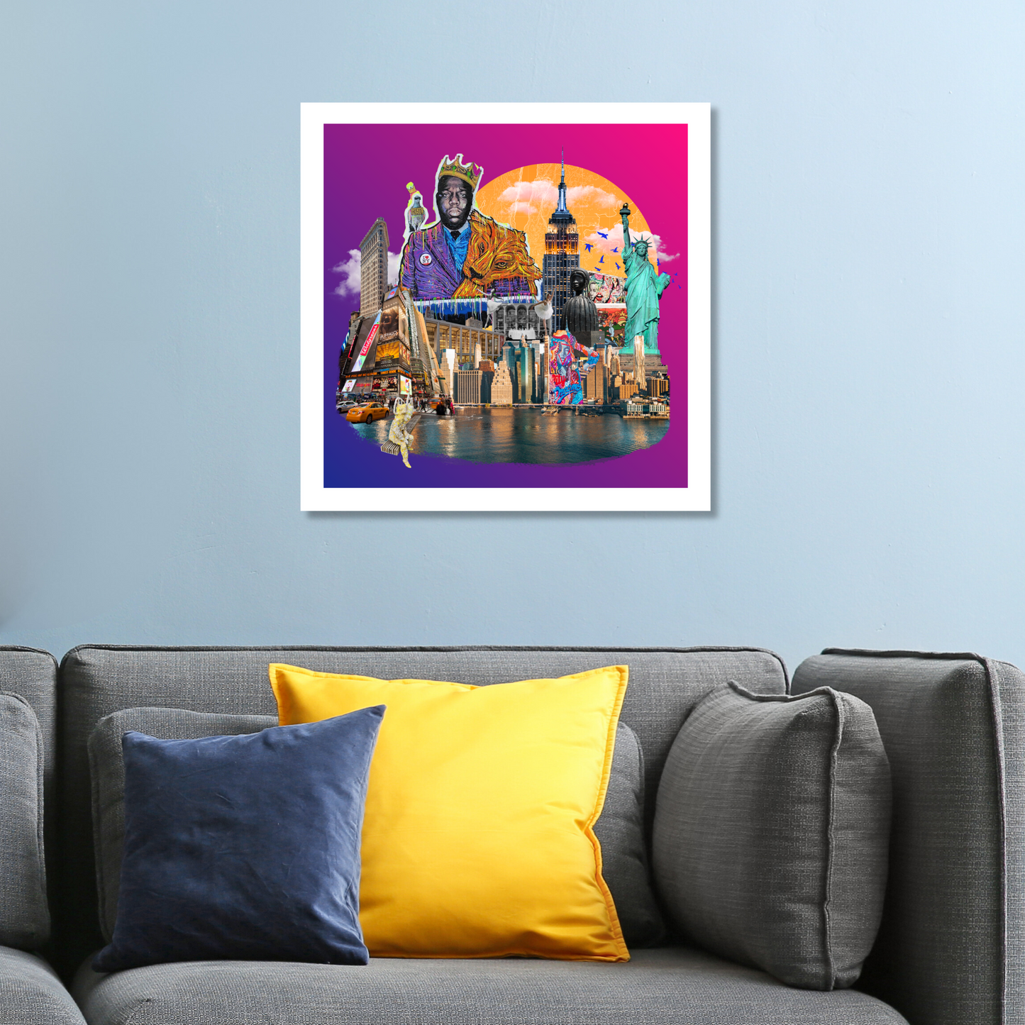 New York City Art Print displayed on a home wall, capturing the vibrant energy of Times Square, East Village street art, and sculptures near the High Line.