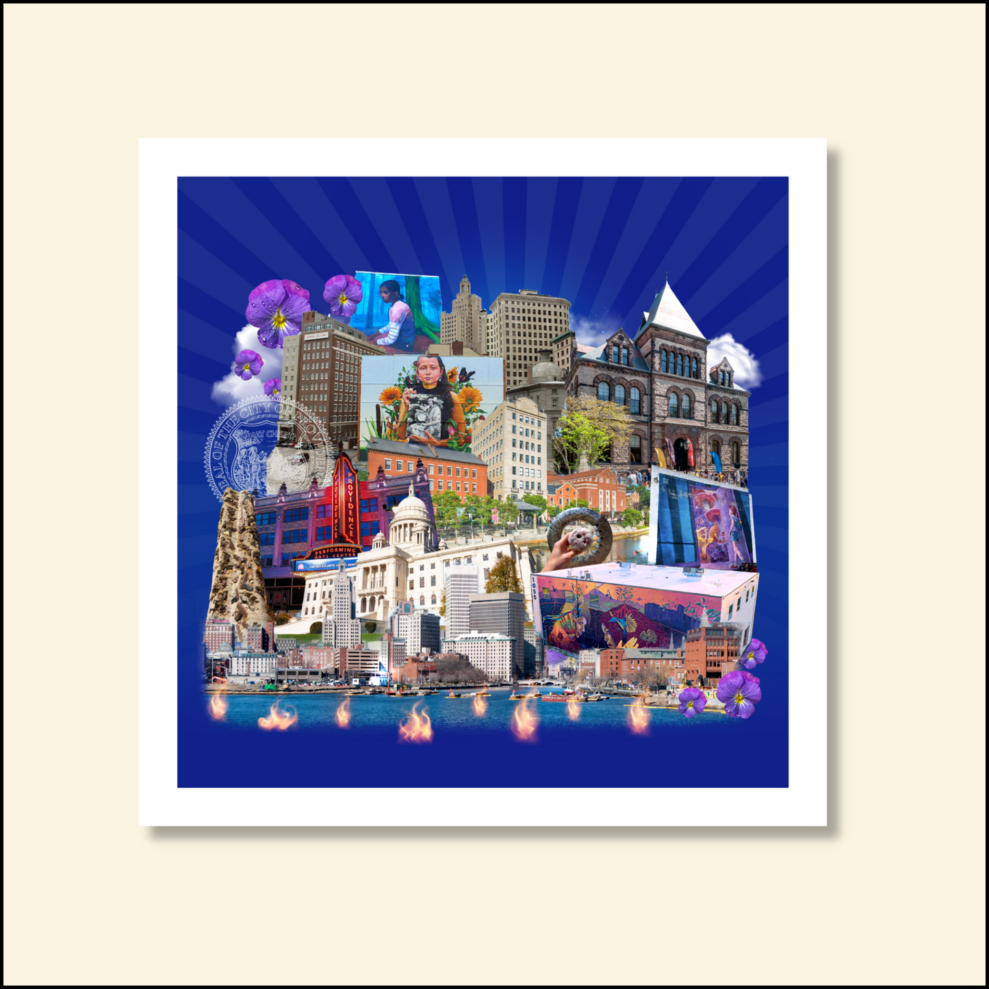Providence, Rhode Island Art Print featuring the city’s iconic landmarks, coffee shops, violet flowers, and WaterFire river events.