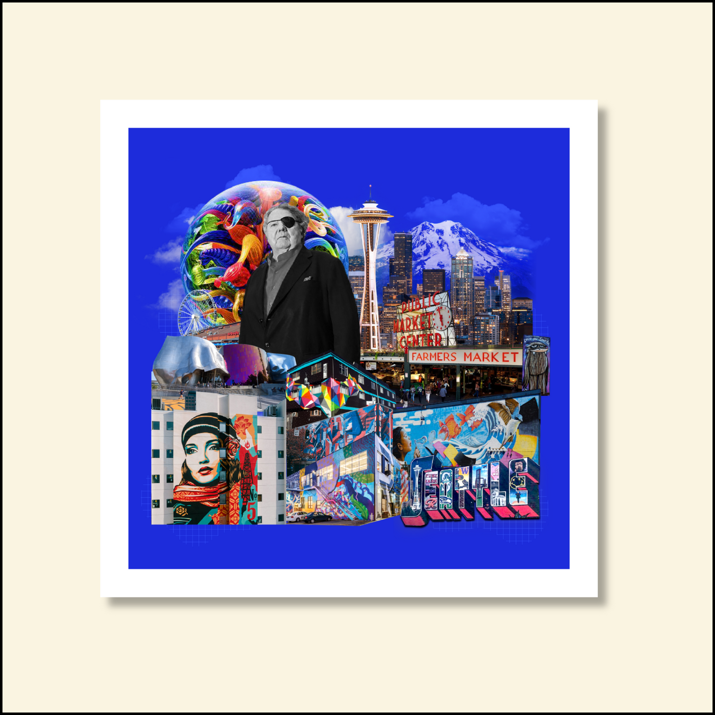 Seattle WA Art Print featuring the iconic Space Needle and vibrant Seattle street art. A great choice from our cities series collection.