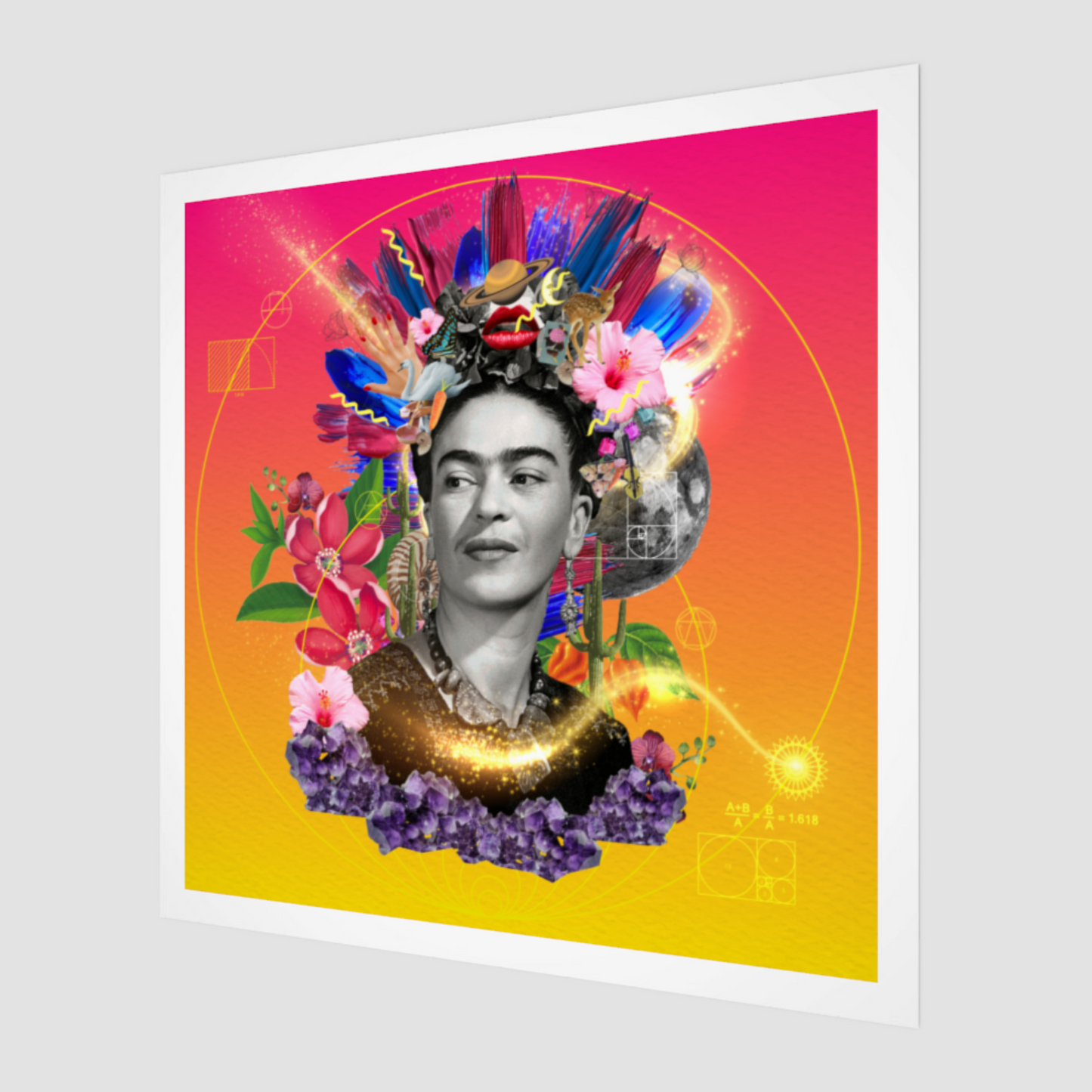 Side view print of The Creator Art Print, showcasing the quality and details of the digital artwork. This archetype art print represents creativity and self-expression, with Frida Kahlo as the central focal point.