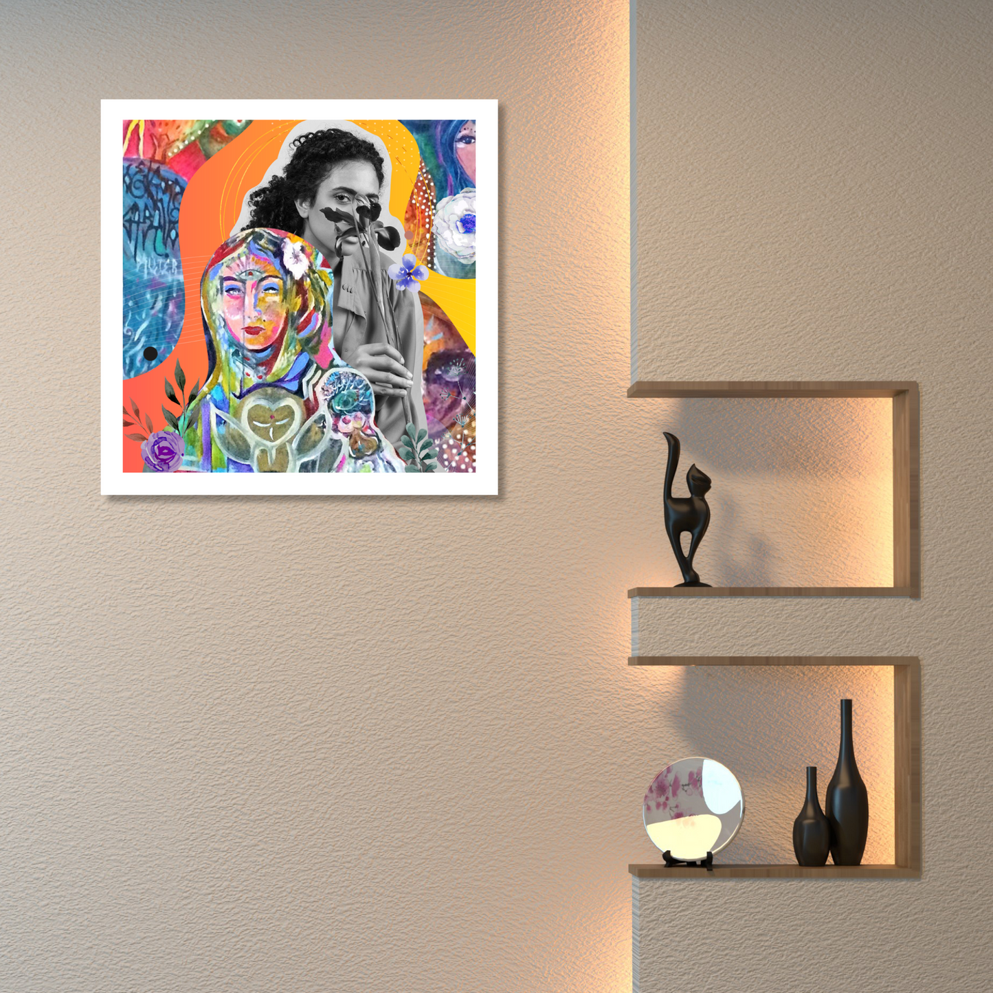 The Mother Art Print displayed on a wall in a cozy home setting, showcasing the nurturing archetype art print with vivid digital artwork.