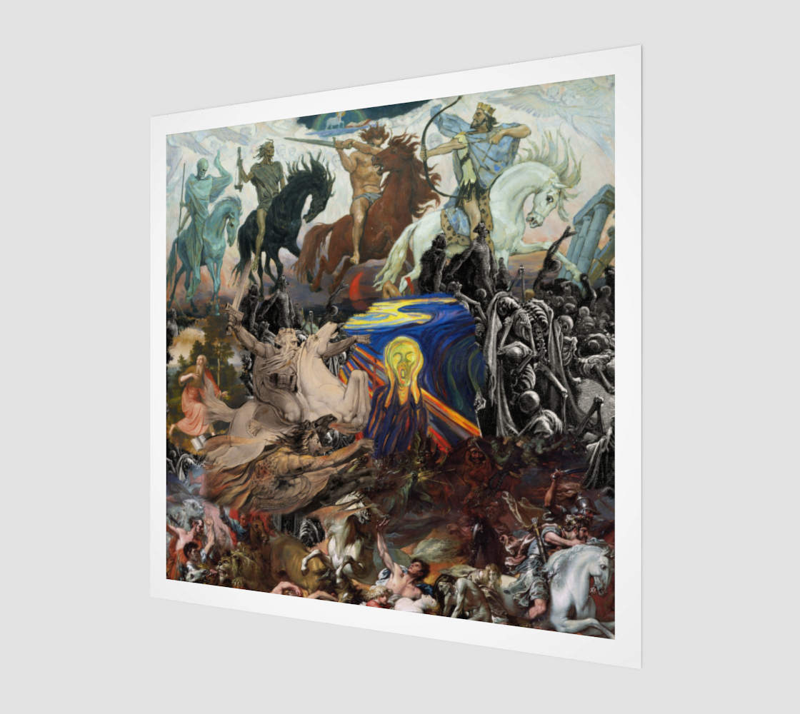 A side view of the Apocalypse Art Print highlighting the intricate details and vibrant colors, representing themes of destruction and rebirth.