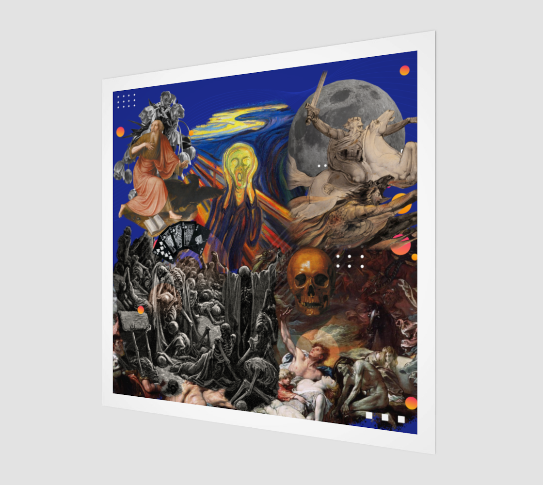 Side view print of the Apocalypse Art Print showcasing detailed digital artwork of apocalyptic scenes.