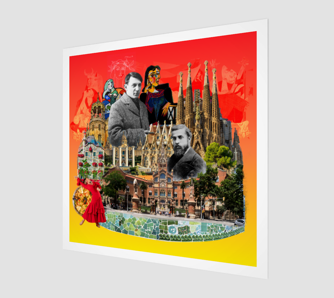 Side view print of Barcelona, Spain art print, highlighting the detailed original collage featuring Barcelona's architecture, Catalan Gothic sculptures, and the styles of Picasso and Alfredo Arribas.