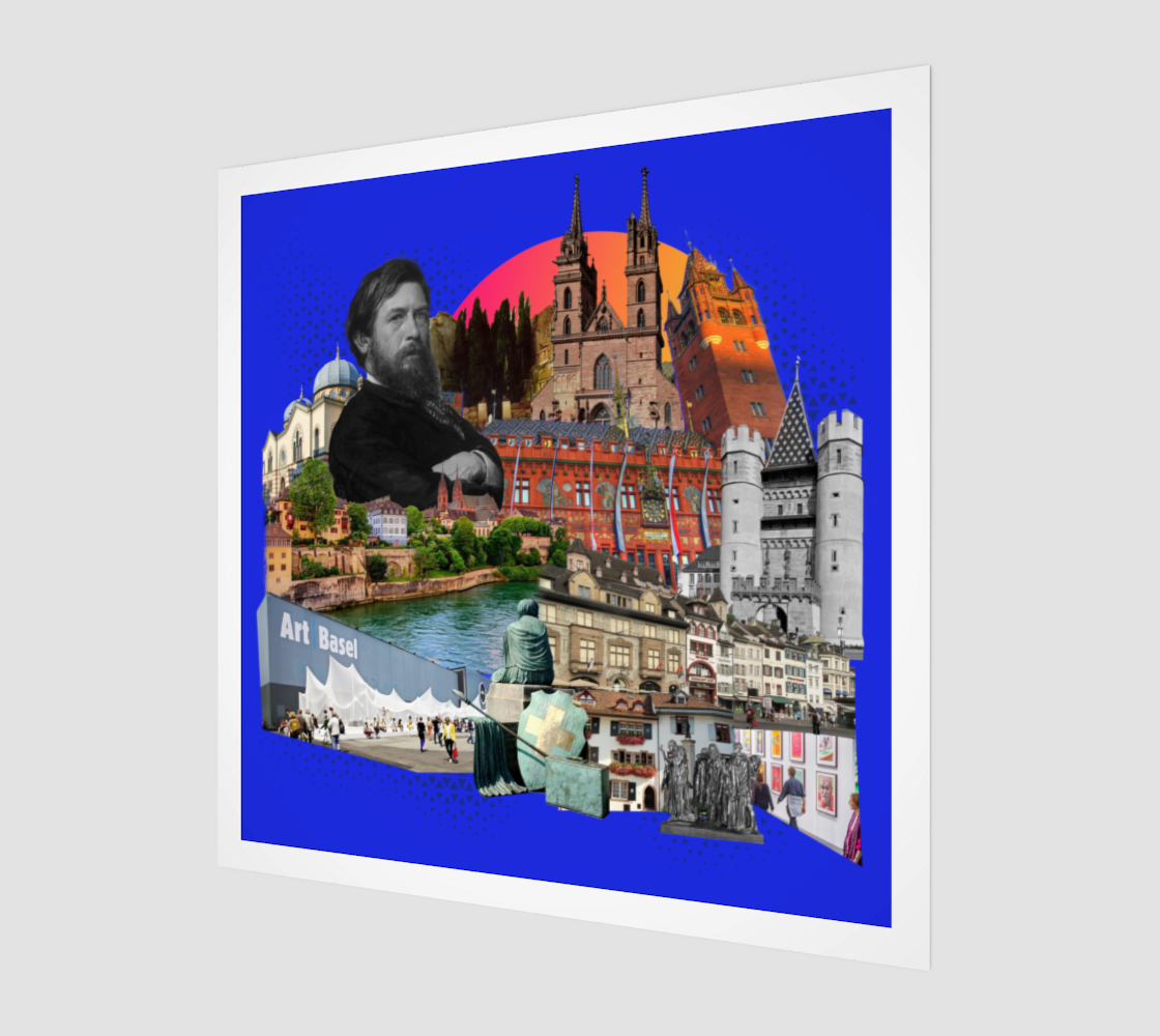 Side view print of the Basel, Switzerland Art Print, showing the rich textures and details of the original collage depicting the Art Basel festival, emblem of Basel, and street art.