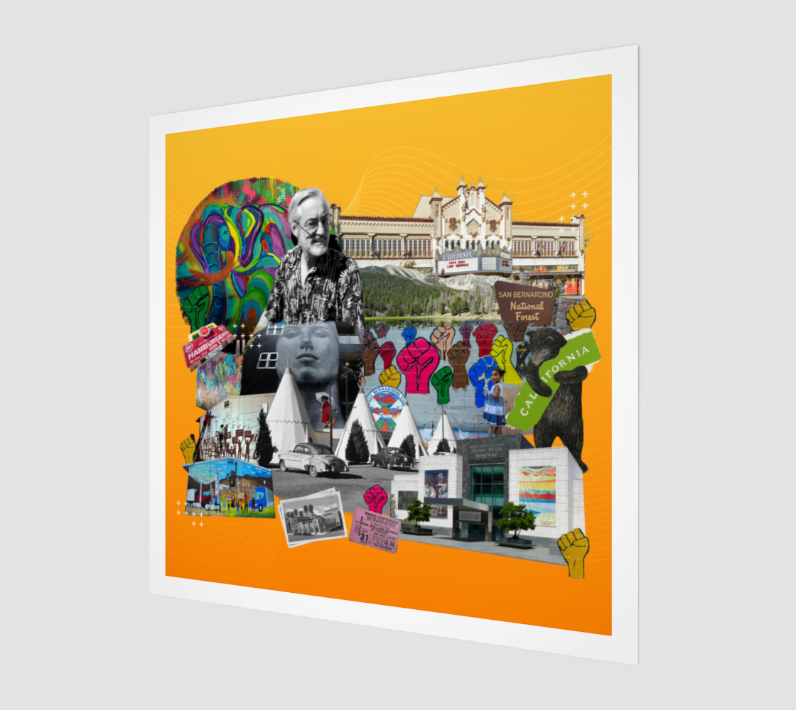 Side view print of San Bernardino, California Art Print, highlighting mountains, nature symbols, and bears, offering a dynamic perspective of this captivating original collage,