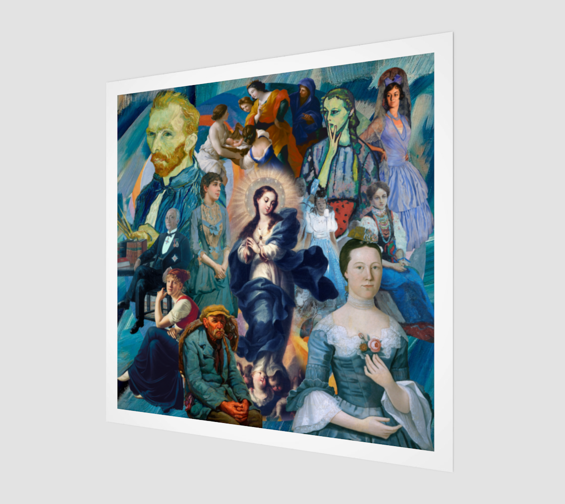 Side view of a blue art print on display, highlighting its crisp, vibrant colors and high-quality finish