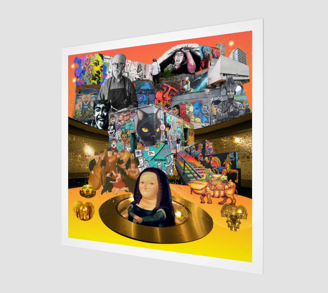 Side view print of the Bogotá, Colombia Art Print, emphasizing the detailed graffiti and street art. The artwork captures the essence of Spanish culture and market vibrancy.