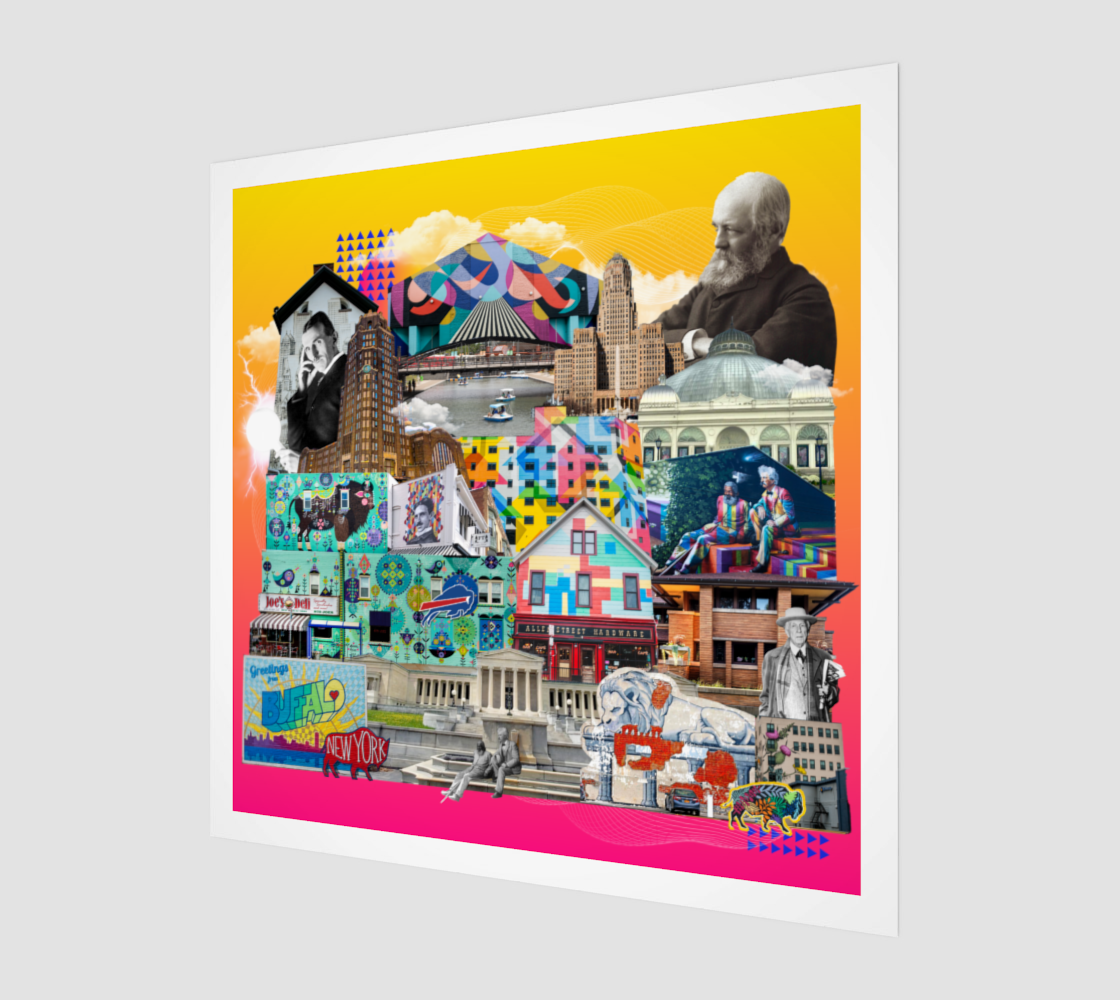 Side view print of the Buffalo, NY Art Print, featuring detailed elements like famous murals, Buffalo Bills imagery, and Niagara Falls symbols.