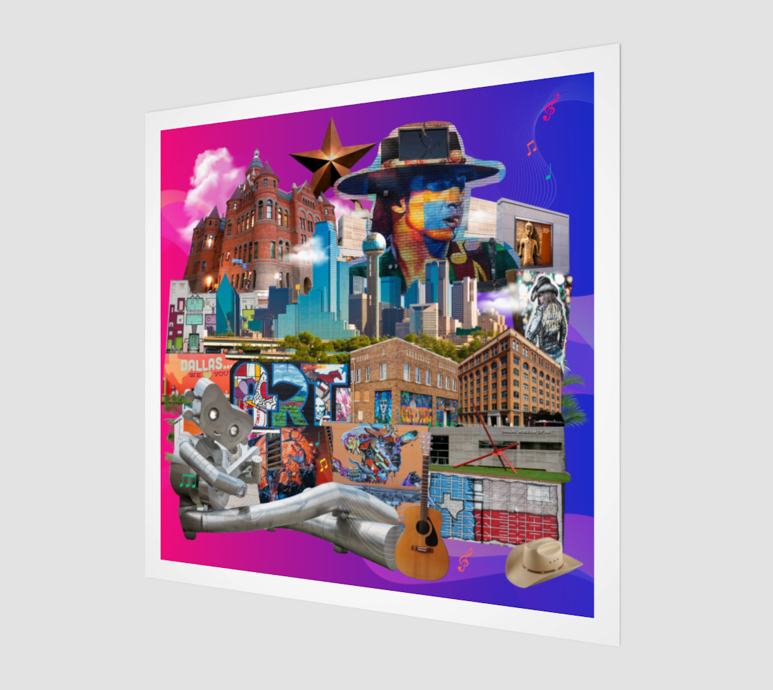 Side view print of the Dallas, Texas Art Print, highlighting vibrant original artwork with Dallas street art elements, including a lone star, guitar, and cowboy hat. Ideal for enhancing decor.