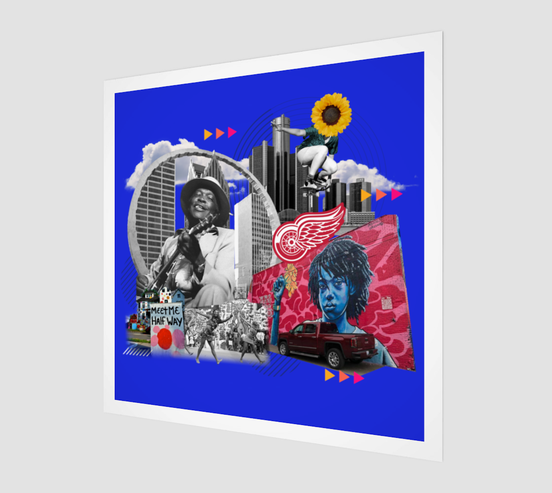 Side view print of Detroit, MI Art Print showing city icons, Detroit street art, and Red Wings symbols. Captures the essence of Detroit’s artistic and sports culture.
