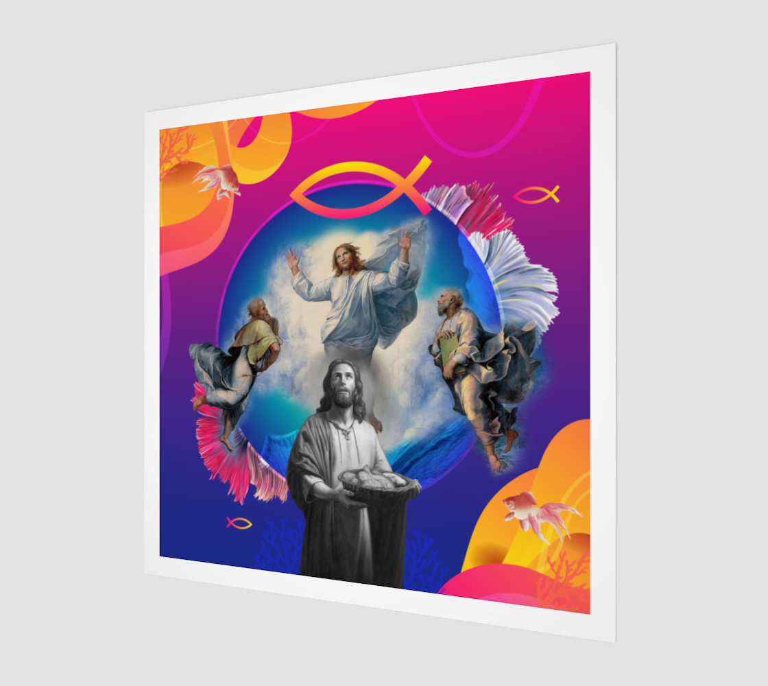 Side view print of the Fish Cross Art Print showing detailed digital artwork of Jesus Christ holding fish and bread, featuring Fish Cross symbols and fish symbols. Ideal for adding a touch of spiritual elegance to any space.
