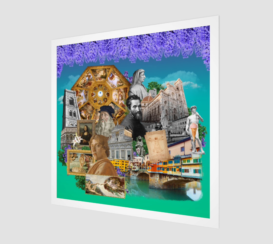 Side view print of Florence, Italy Art Print highlighting the original artwork's depth, with famous landmarks like Giotto's Campanile and the Medici Chapel, capturing the essence of the ‘Capital of the Arts’.