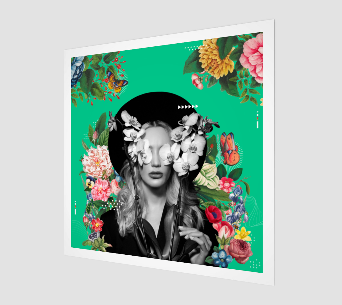 A side view print of the Flowers Art Print highlighting the intricate details and vivid colors of a woman surrounded by flowers, representing nature's beauty.