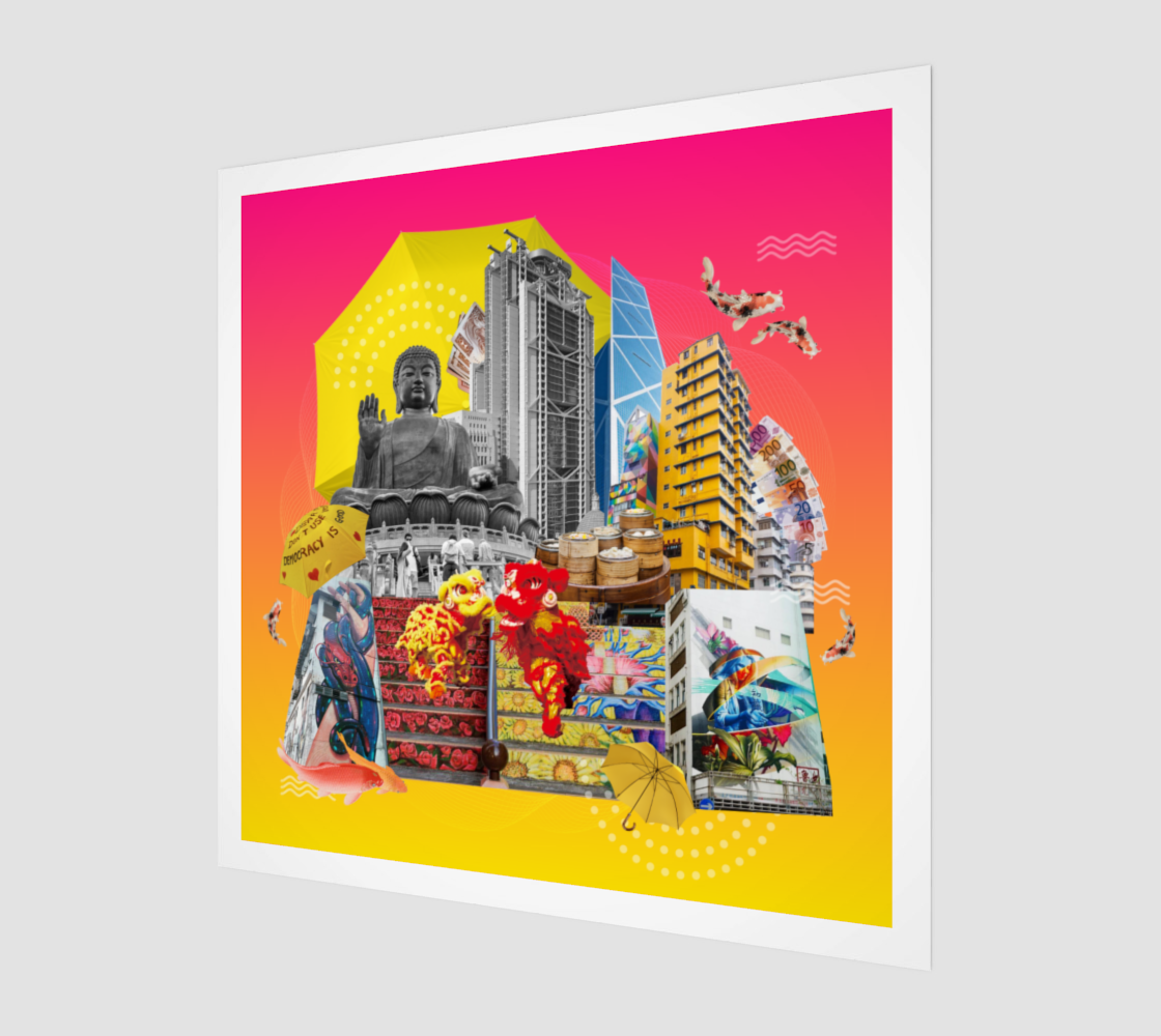 Side view print of Hong Kong, China art print with intricate city illustrations, street art, dragons, and wealth symbols. A dynamic piece of original collage capturing the city's spirit.