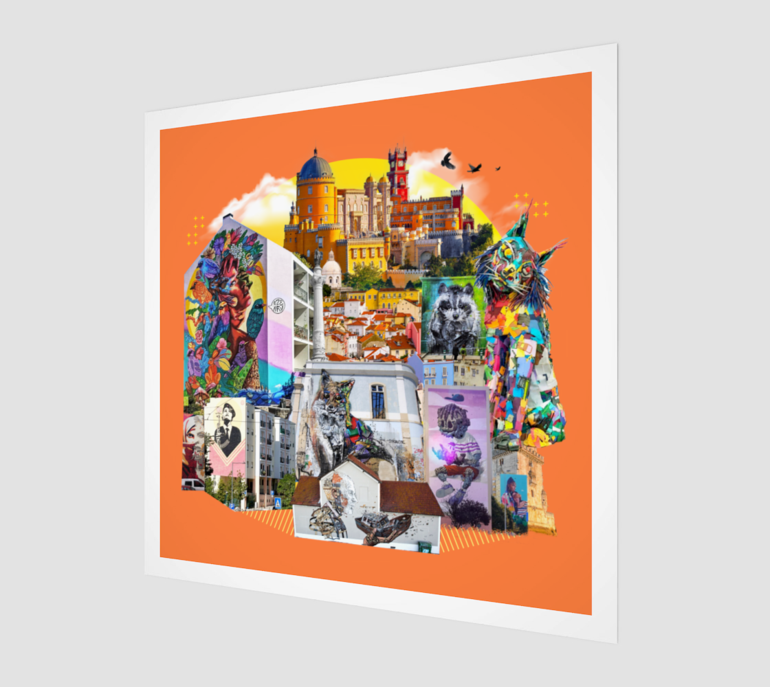 Side view print of Lisbon, Portugal (First Edition) art print, highlighting vibrant street art, the symbolic raven, Rossio Square, and chapels. A standout piece and original collage.