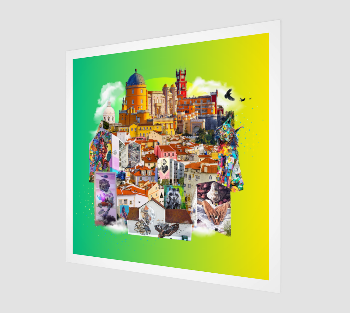 Side view print of Lisbon, Portugal (Second Edition) Art Print, highlighting detailed street art, Rossio Square, the Raven symbol, and chapels.
