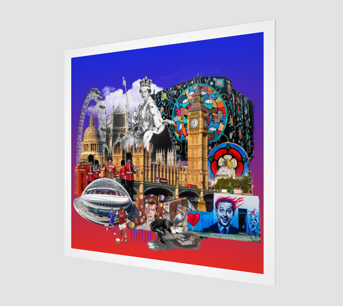 Side view print of London, UK Art Print, featuring a detailed depiction of London’s vibrant art scene. Includes famous murals by artists like Jimmy C and ROA, and notable landmarks like the London Eye and Westminster Abbey.