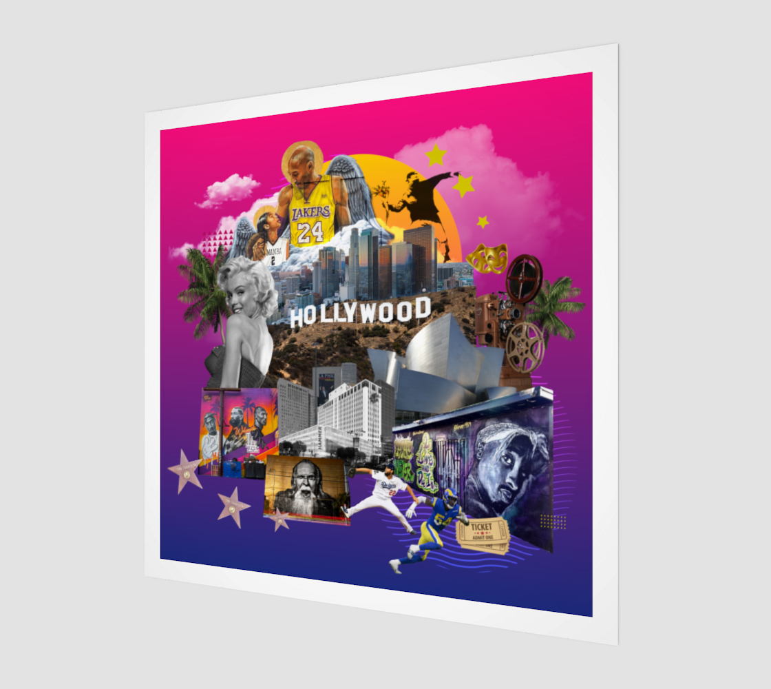 Side view print of our Los Angeles, California Art Print, capturing intricate details of Hollywood, theater, and street art symbols. A striking original artwork that evokes LA’s cultural and artistic legacy.