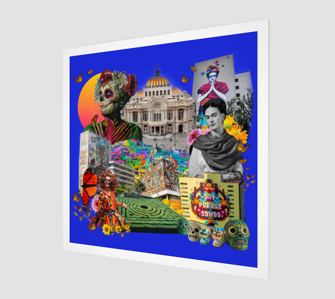 Side view of print Mexico City Art Print, showing detailed original artwork including Frida Kahlo motifs, butterflies, sugar skulls, and street art, highlighting the city’s vibrant culture.