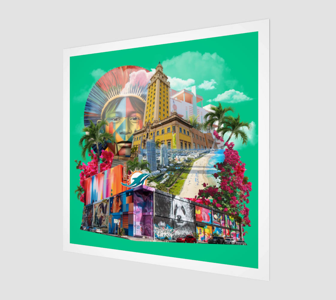 Side view print of Miami, Florida Art Print, capturing the vibrant original artwork of Miami’s street art, palm trees, and dolphin symbol.