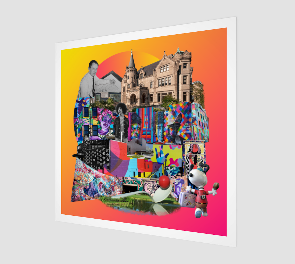 Side view print of the Minneapolis Art Print, highlighting the intricate details of Prince, the Mall of America, Snoopy, golf imagery, and the Loon.