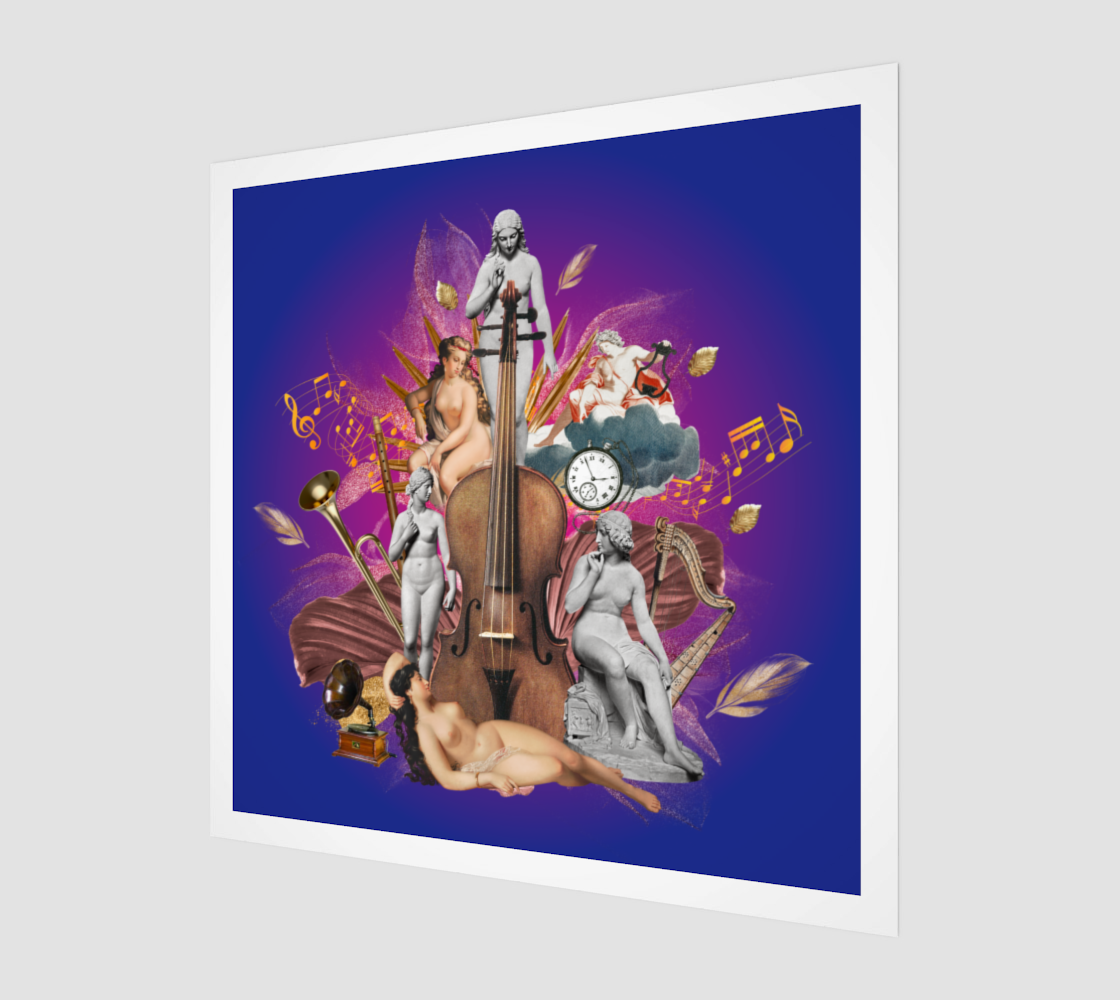 Side view print of the Musical Instruments Art Print showing a woman with a violin, harp, trumpet, and flute. Ideal for adding a touch of elegance and artistic flair to any space.