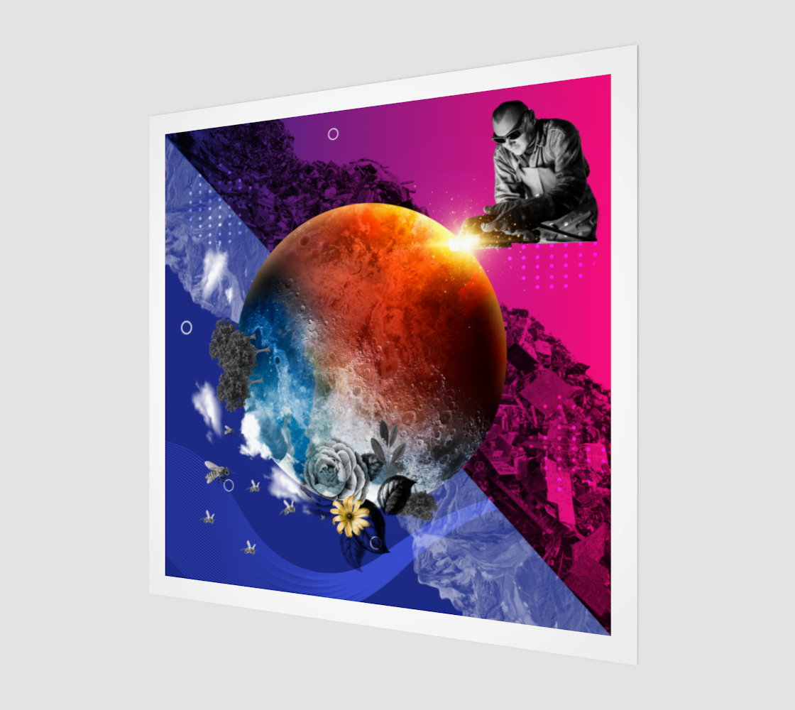 Side view of Nature vs Mechanistic World Art Print, emphasizing the detailed digital artwork that contrasts vibrant natural scenes with industrial elements