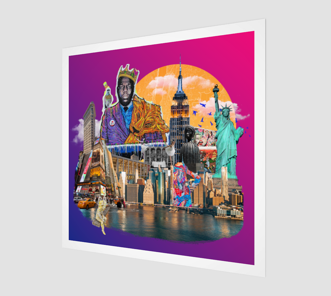 Side view print of the New York City Art Print highlighting the detailed original artwork of NYC’s East Village, Times Square billboards, and famous NYC museums like MOMA and The MET.