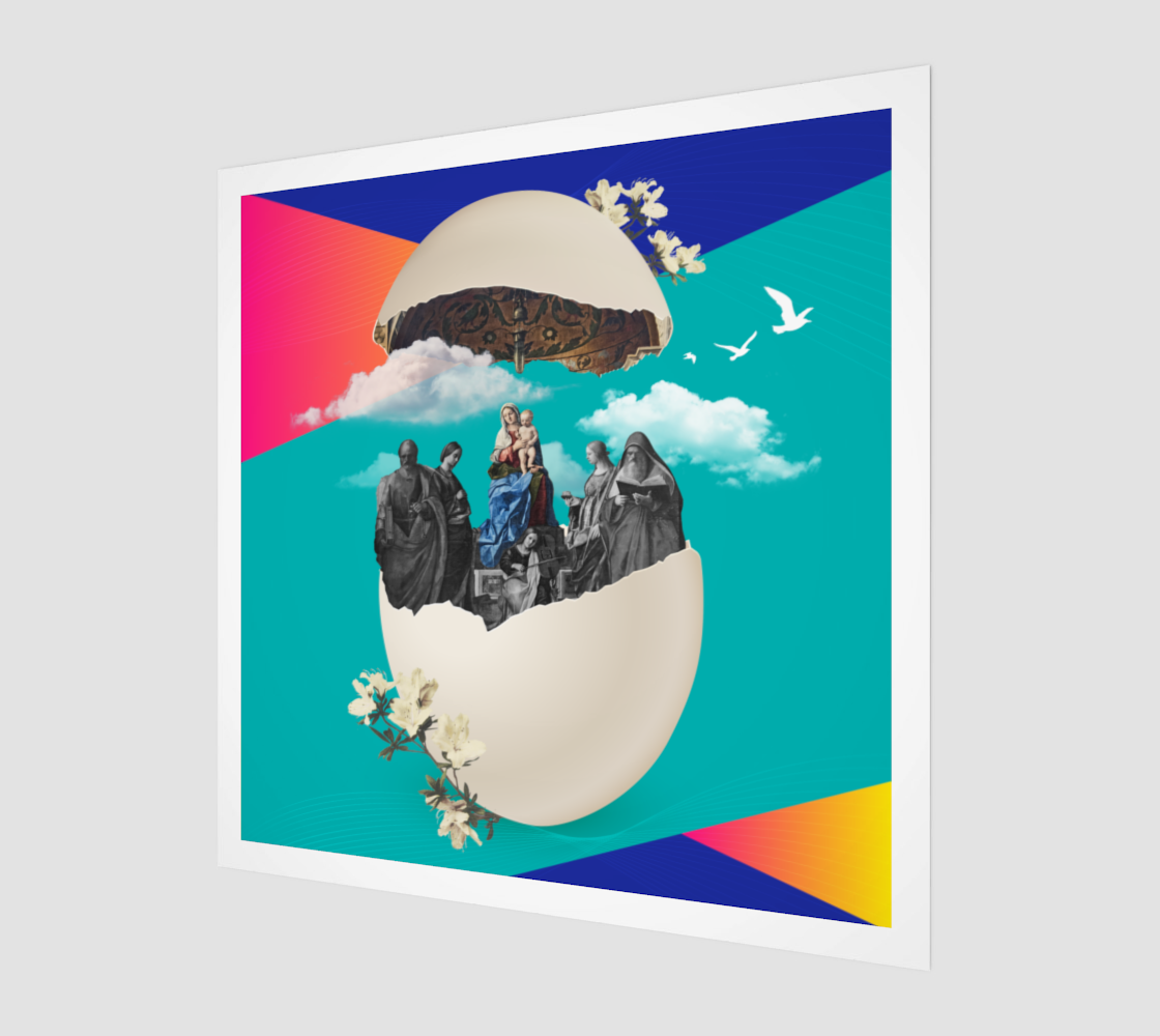 Side view print of the Ostrich Egg Art Print showing the symbol of an ostrich egg with intricate images of a dove, Mary in the birth of Jesus, and other saints.