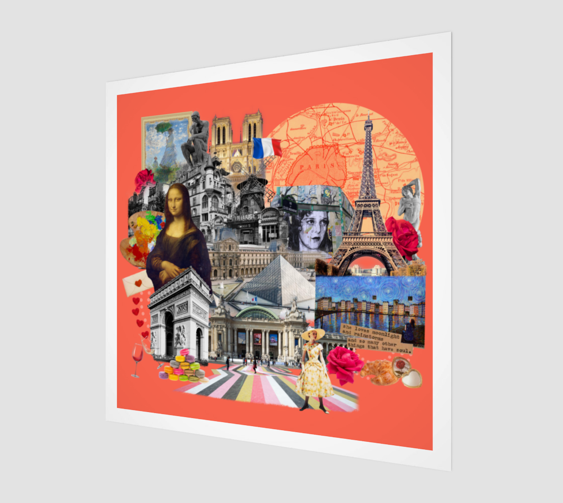 Paris, France Art Print side view print of the print showcasing intricate details, including the mural 'Crossroads of Rue de' and Parisian landmarks like the Louvre and the Arc de Triomphe.