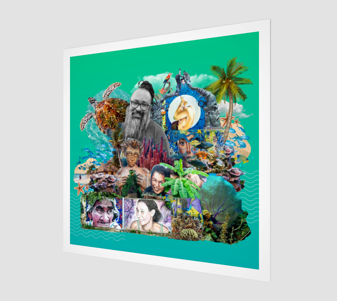 Side view print of Playa del Carmen, Mexico original collage showing detailed elements such as vibrant coral reefs, the Ven a la Luz installation, and local wildlife like starfish and turtles.