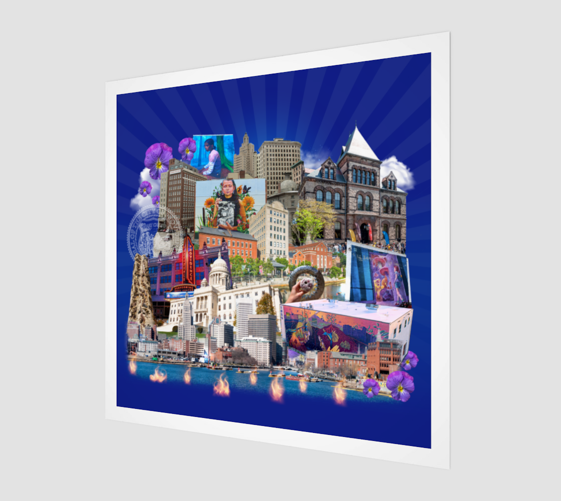 Side view print of Providence, Rhode Island Art Print, highlighting symbols of early English settlement, coffee and donut shops, violet flowers, and the river hosting WaterFire events.
