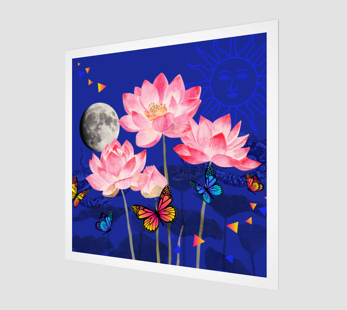Side view of The Rebirth Lotus Flower Art Print. This digital artwork prominently displays a lotus flower, butterfly, moon, and sun, offering a captivating and high-quality addition to home or office.