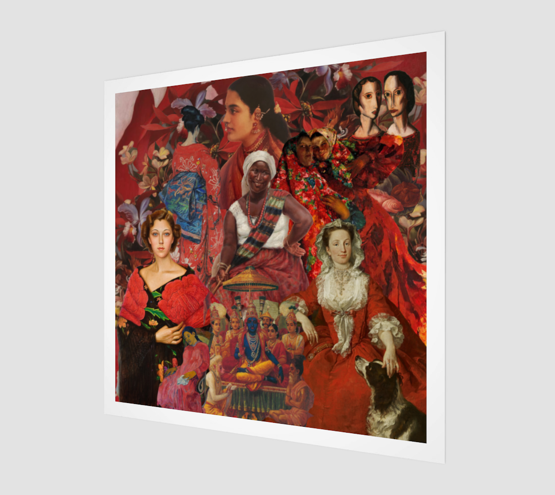 Side view of red art print, highlighting its bold original digital design and striking hues