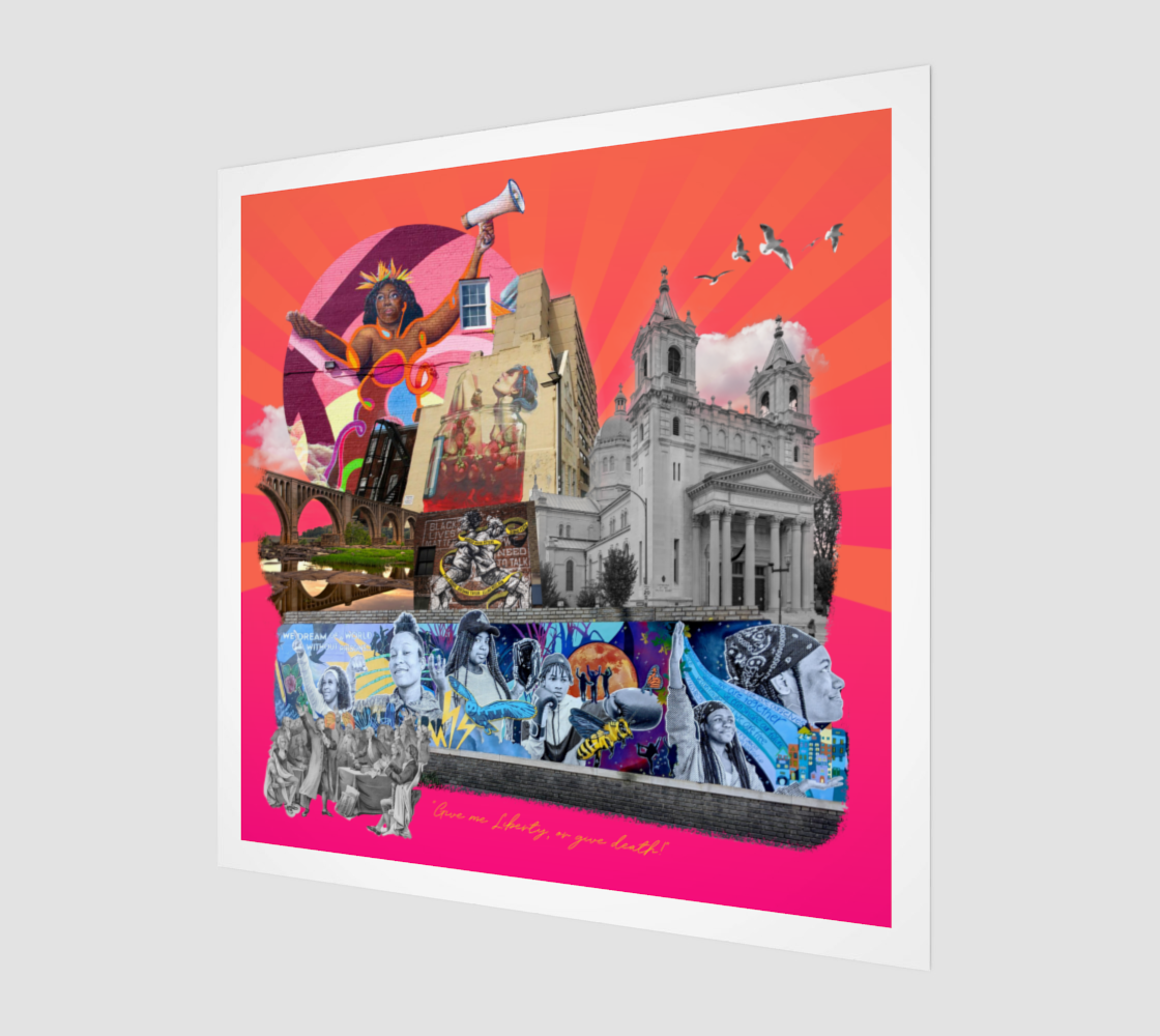 Side view print of Richmond, Virginia art print, highlighting the Virginia Crest, city illustration, Rams, and dynamic RVA street art elements.