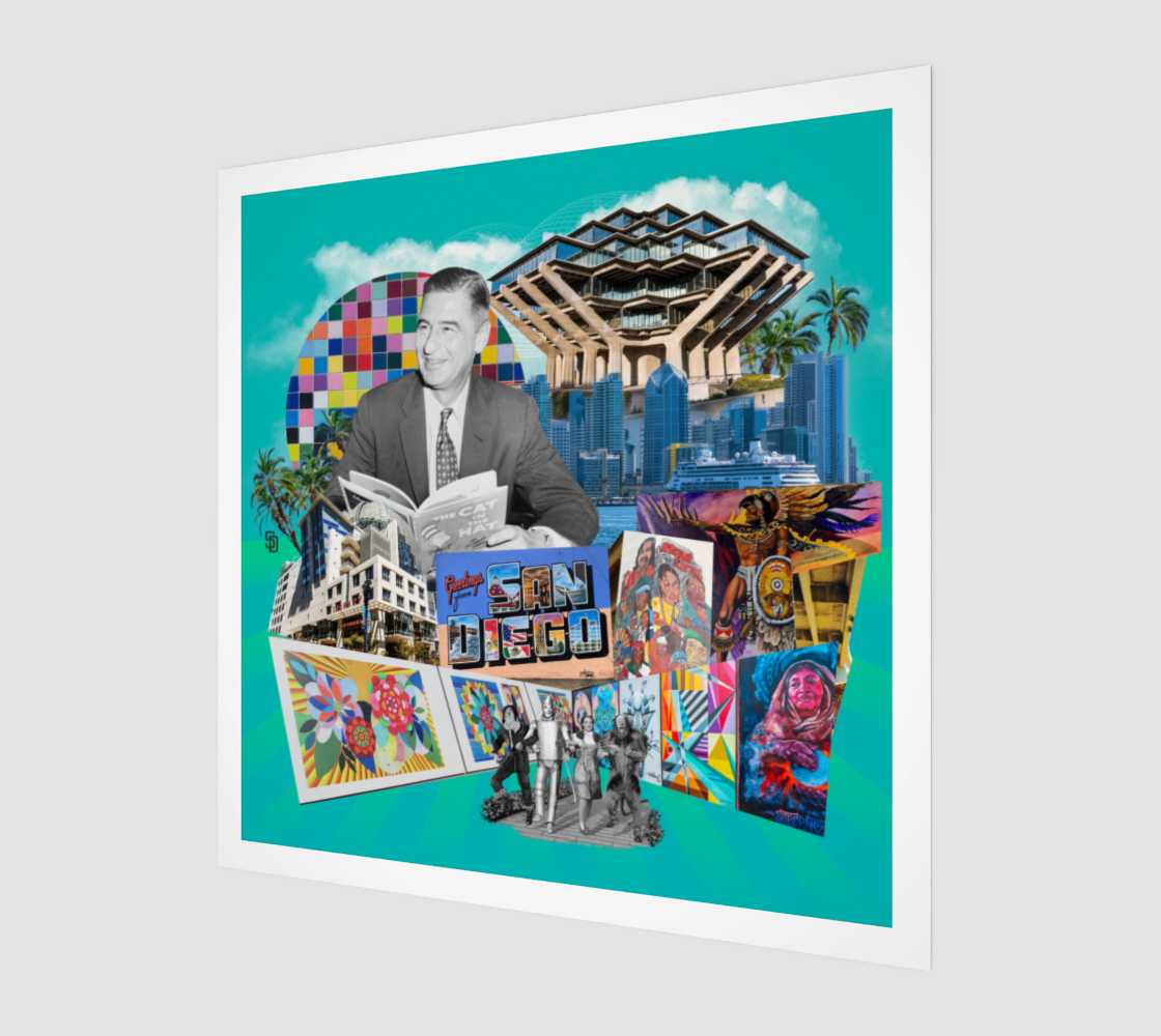 Side view print of San Diego Art Print highlighting Bay symbols, street art, Padres logos, Dr. Seuss, and Wizard of Oz designs.