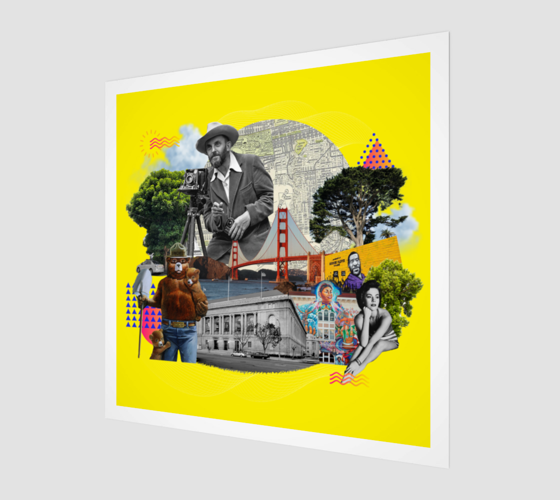 Side view print of San Francisco, CA Art Print – Highlights the Golden Gate Bridge shrouded in fog, Smokey the Bear, towering trees, and dynamic street art. A captivating piece of original artwork.