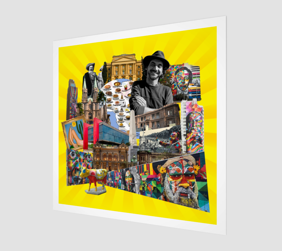 Side view print of São Paulo, Brazil Art Print original collage featuring São Paulo’s major attractions like the Obelisk, Municipal Theatre, and São Paulo Museum of Art. Includes modern street art by Eduardo Kobra.