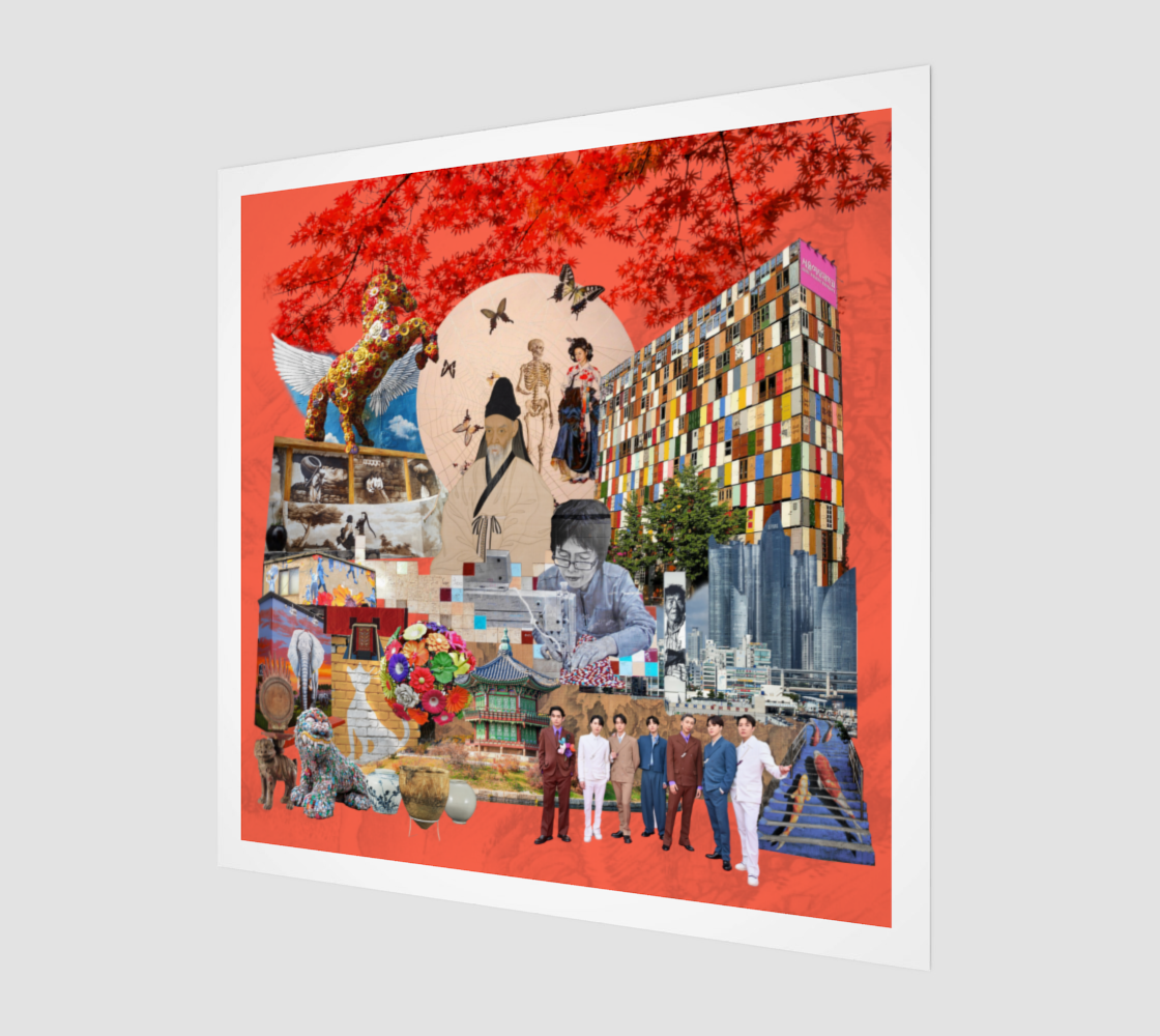 Side view print of Seoul, South Korea Art Print, highlighting detailed collage of preserved historic landmarks, ancient Korean art, and vibrant street art.