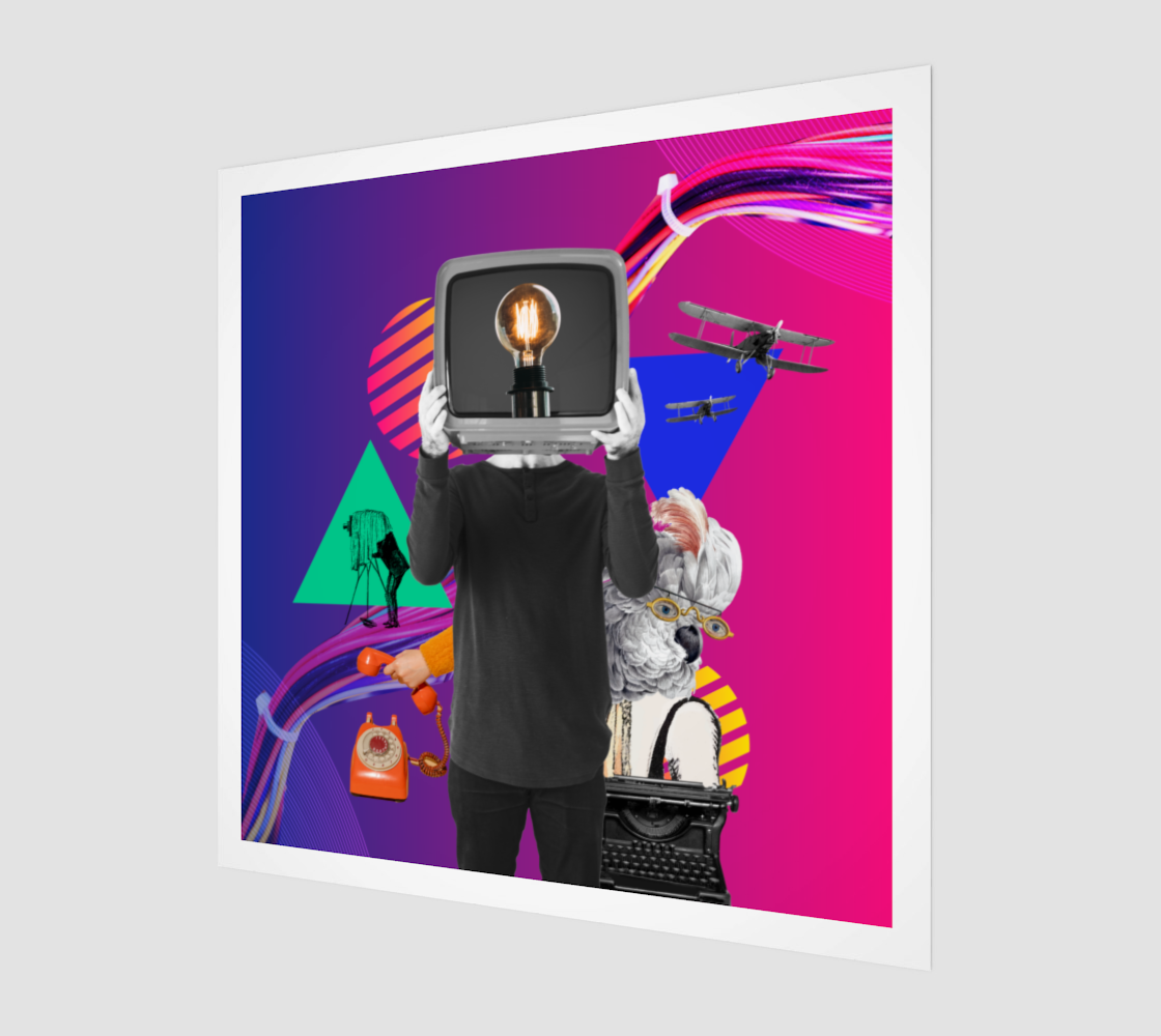 Side view of The Magic Weapon Art Print, highlighting detailed digital artwork with technology motifs including a jet plane, camera, and vibrant colors