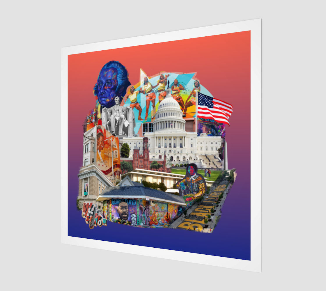 Side view print of Washington, DC Art Print, featuring detailed depictions of significant landmarks and murals such as the Black Lives Matter mural and the George Washington portrait, adding a dynamic touch to any space.