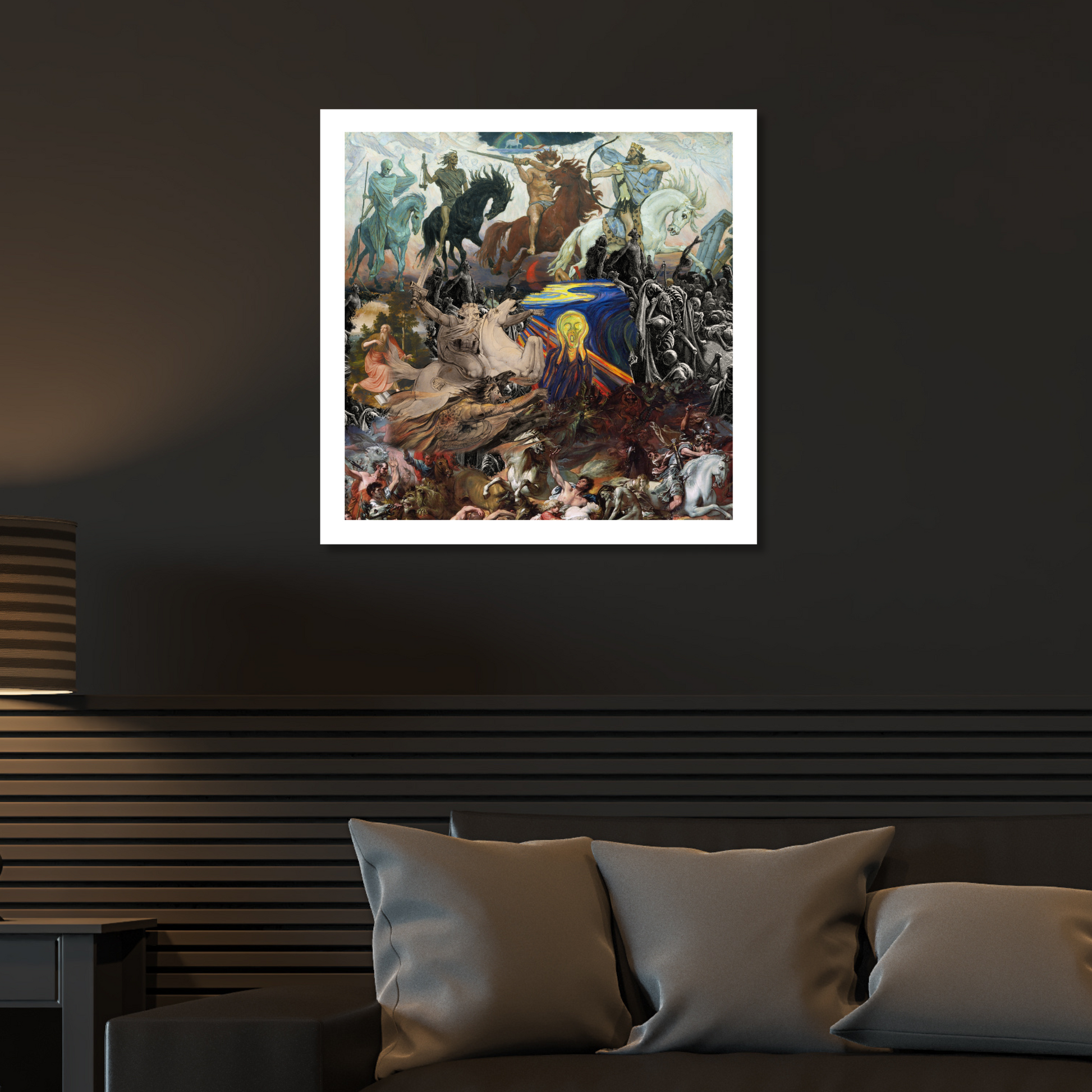 Elegant apocalypse-themed art print displayed in a modern living room, showcasing its striking design and symbolic depth in home decor.
