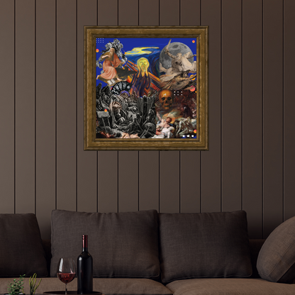 Framed Apocalypse Art Print in a stylish living room. The artwork depicts powerful apocalyptic themes, enhancing the space with its dramatic and refined design.