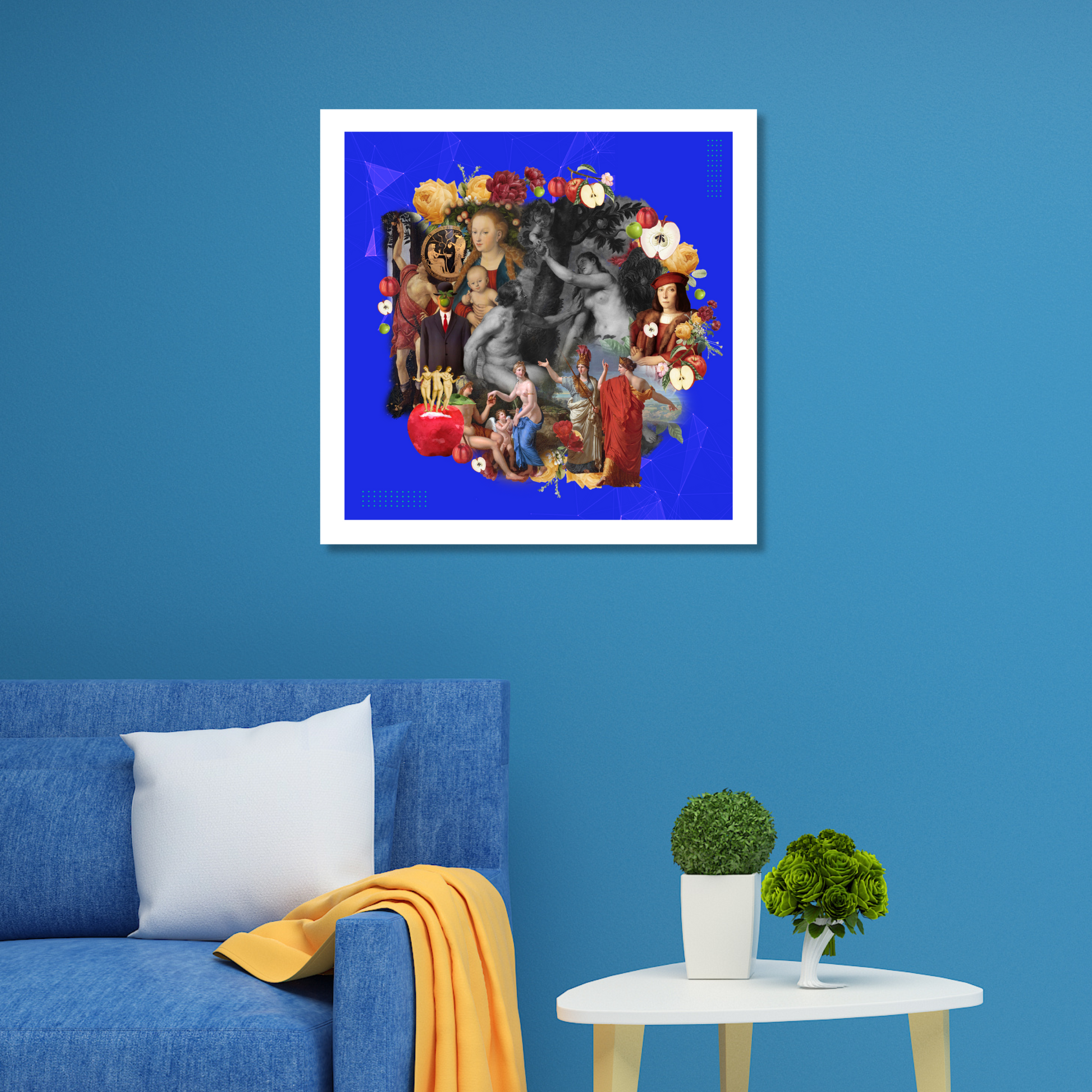 Apple Art Print displayed in a modern living room. The artwork showcases an apple, highlighting themes of knowledge and renewal, adding sophistication and symbolic depth to the decor.