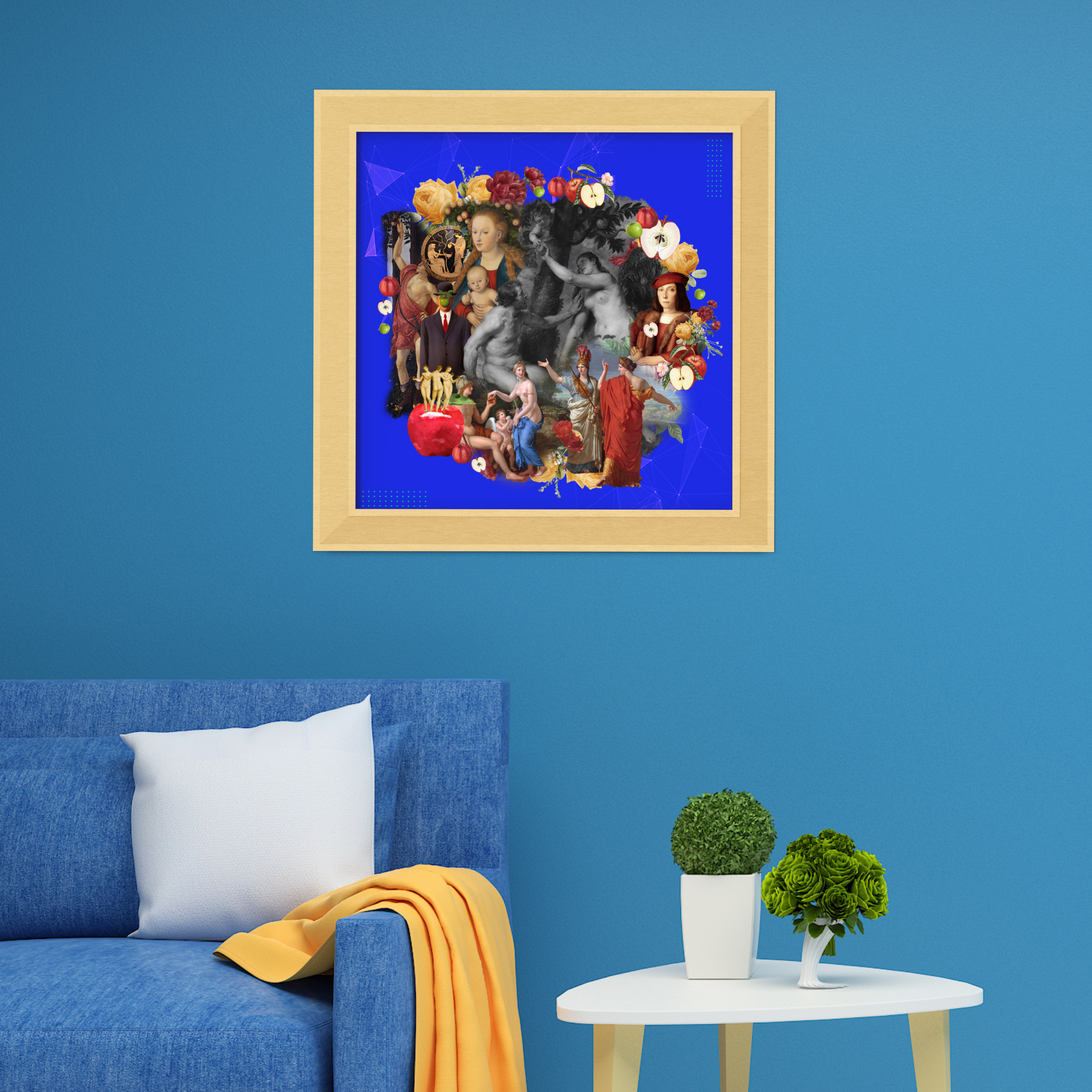 Framed Apple Art Print in a stylish living room. The print features an apple, representing knowledge and renewal, enhancing the room with its elegant and symbolic design.