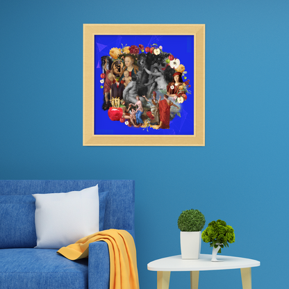 Framed Apple Art Print in a stylish living room. The print features an apple, representing knowledge and renewal, enhancing the room with its elegant and symbolic design.