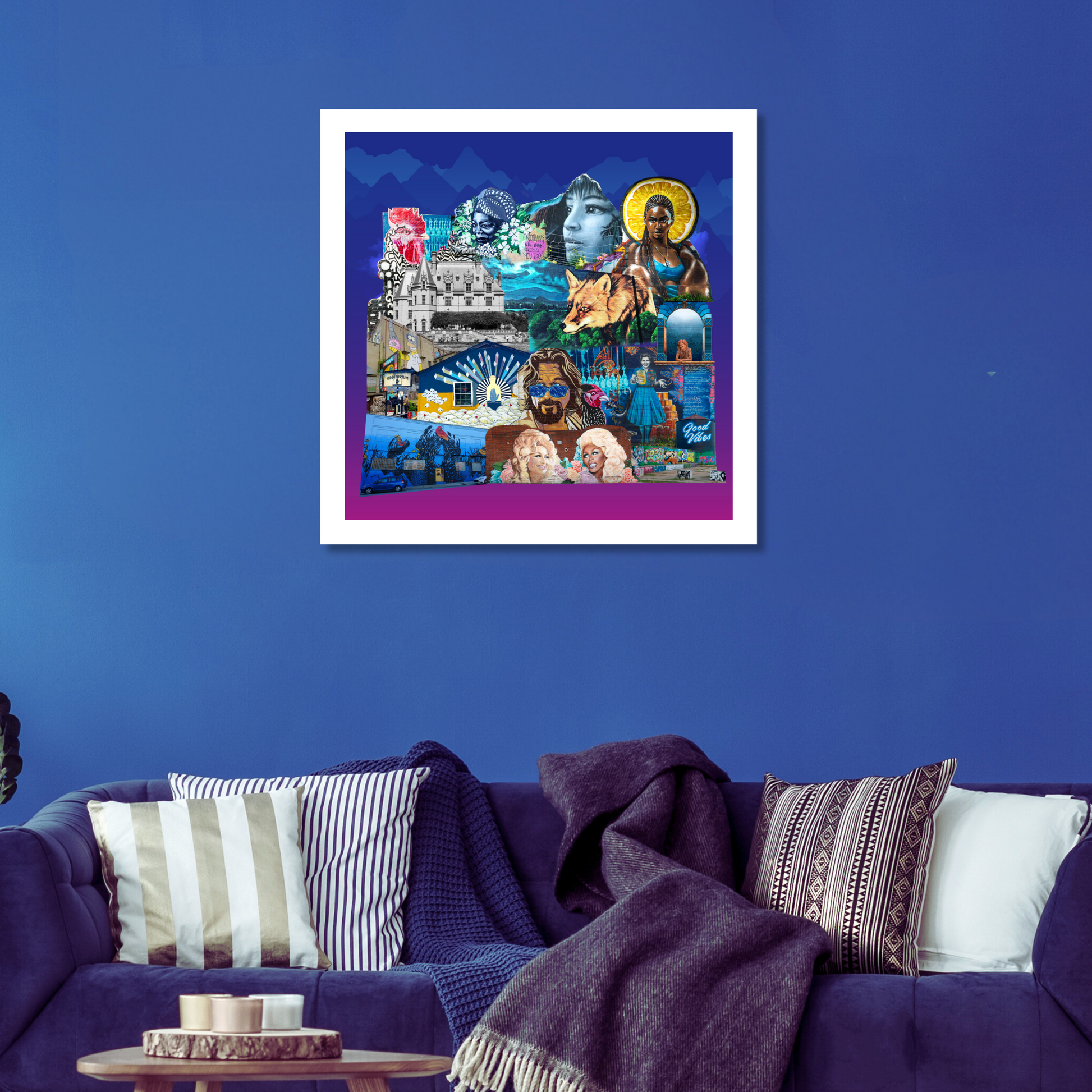 Asheville, NC Art Print displayed on a wall, showcasing the beautiful Blue Ridge Mountains, iconic Biltmore Estate, and lively street art, enhancing home decor.